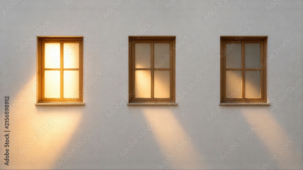 Fototapeta premium Warm Sunlight And Shadows Illuminating Three Windows On A White Wall