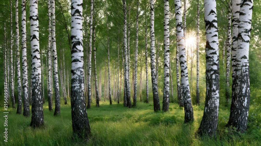 Fototapeta premium Birch forest in sunlight with green grass