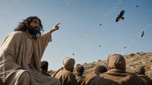 Biblical scene from Luke 12:24: Consider the ravens: they neither sow nor reap; they have neither storehouse nor barn, and yet God feeds them. How much more valuable are you than the birds?