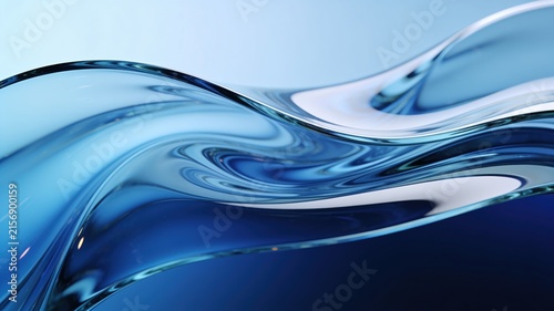 Abstract blue transparent flowing liquid waves or curved glass sculpture with dynamic light reflections, clean modern aesthetic background texture.