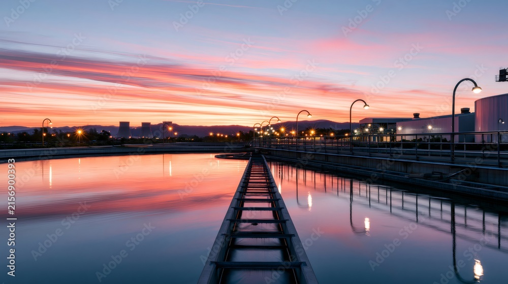 Fototapeta premium Wastewater treatment plant operating at dramatic sunset