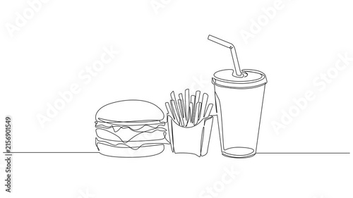 animated continuous line drawing of burger, french fries and soda soft drink with straw, fast food meal concept, minimal line art animation