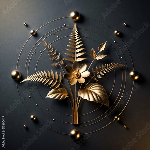 Artistic gold flower arrangement on dark background with geometric elements