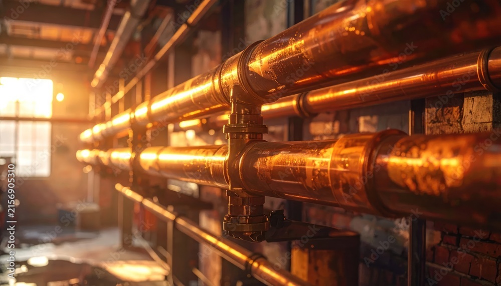 Fototapeta premium Industrial Copper Pipes - A Glimpse into the Heart of Infrastructure.