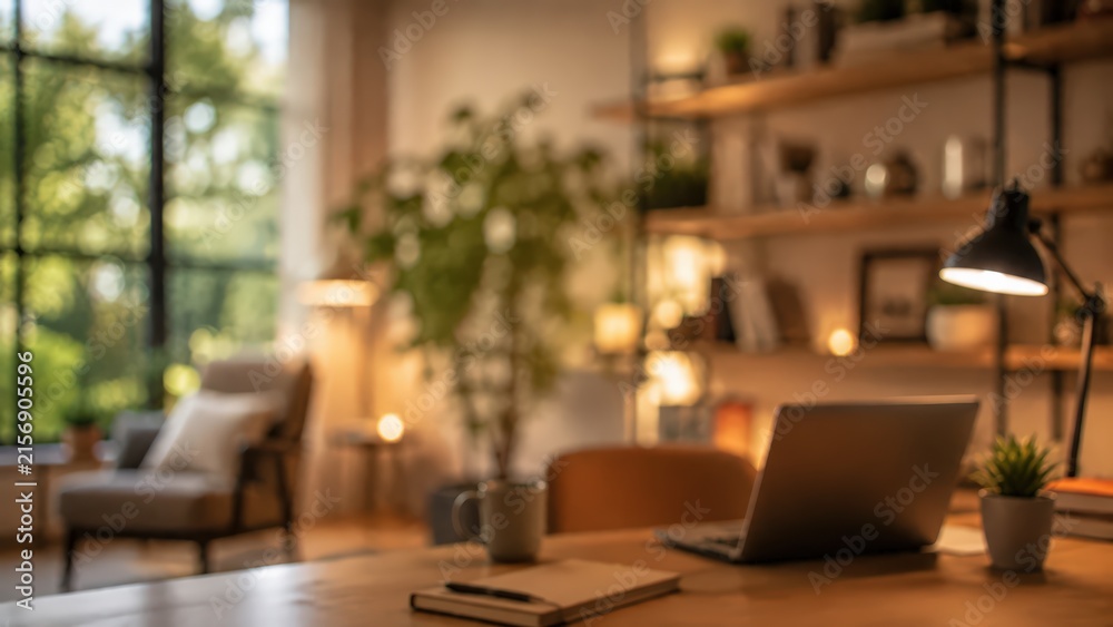 Fototapeta premium Home office workspace cozy blurred interior laptop desk lamp bookshelf warm light plant apartment room professional remote work setting