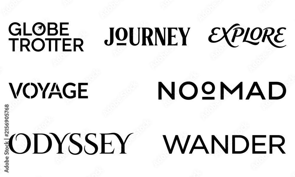 Obraz premium Set of travel related typography logos, including globe trotter, journey, explore, voyage, noomad, odyssey, and wander