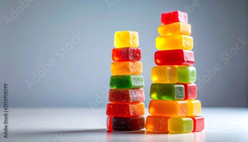 Colorful gummy candy stacks forming two sweet towers