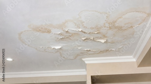 White Interior Ceiling With Large Brown Water Stain And Peeling Paint, Showing Signs Of Serious Roof Leakage