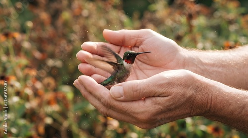 A gentle moment of connection a hummingbird delicately rests in the cupped hands of a person