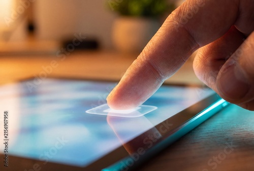 Macro Close-Up of Finger Pressing Glowing Glass Interface