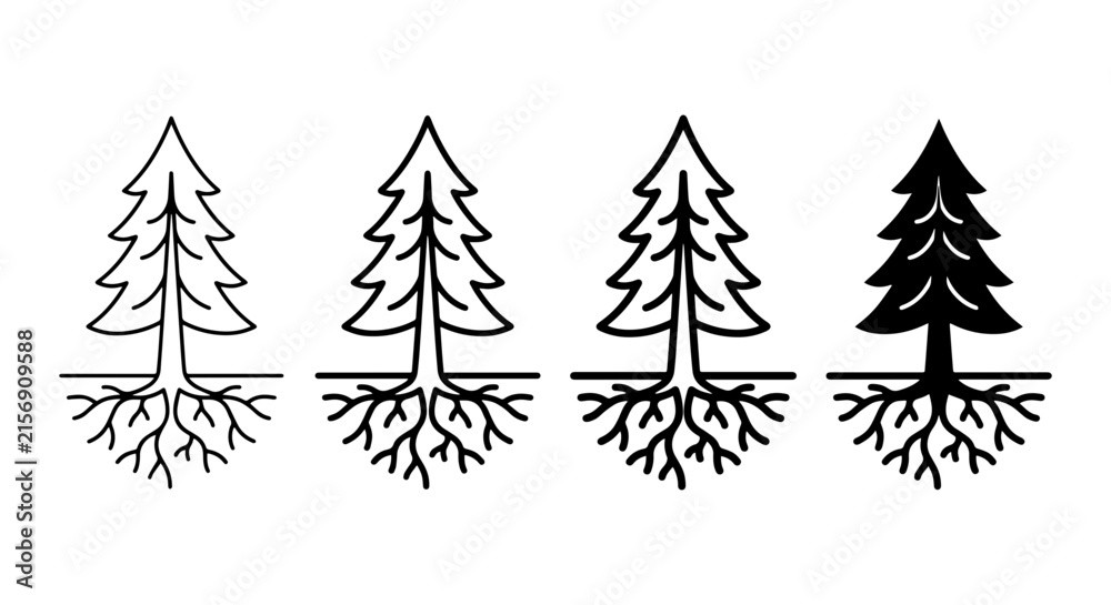 Obraz premium Pine Tree Icons with Roots, Vector Graphics Set, Nature and Forest Elements