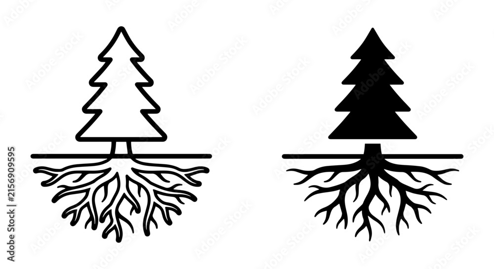 Obraz premium Tree Root Icons, Evergreen Forest Symbol, Nature Growth Concept, Black and White Vector Art