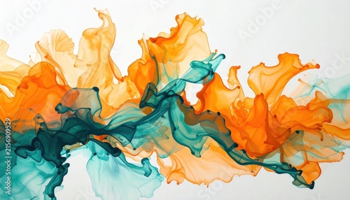 Vibrant orange and turquoise fluid ink texture on white