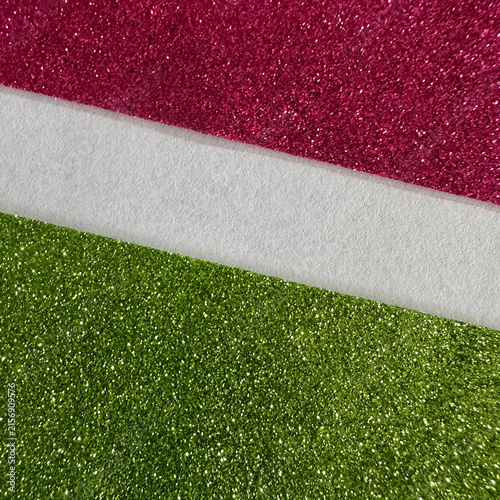 Magenta and green glitter strips separated by a white felt band