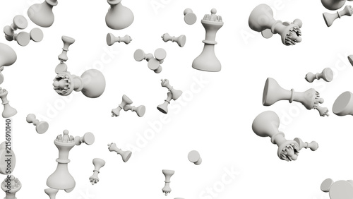 A scattered arrangement of white chess pieces on a black background.