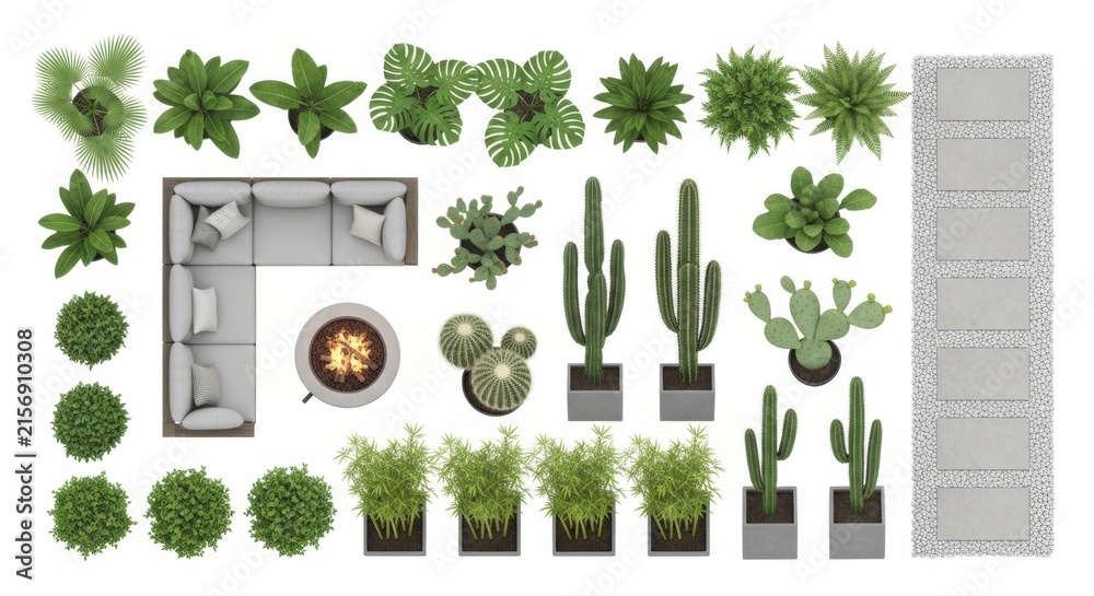 Fototapeta premium Top view furniture and plants set for house floor plan design