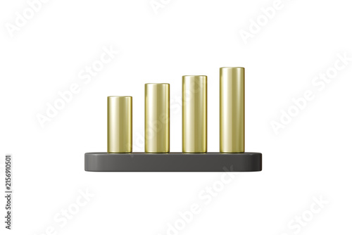 3d gold bar chart icon. financial growth concept. minimal cartoon rising columns and metallic bars for business analytics. isolated on white transparent background. 3d render.