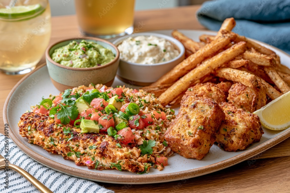 Fototapeta premium Healthy fish and chips with cauliflower rice fresh salsa and guacamole balanced meal for diet and nutrition