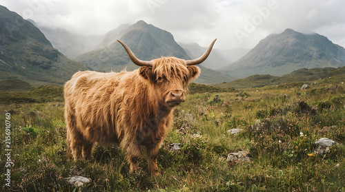 Highland cow with long horns standing in lush green meadow with misty mountains backdrop