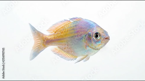 Yellow and blue iridescent tropical fish side profile.