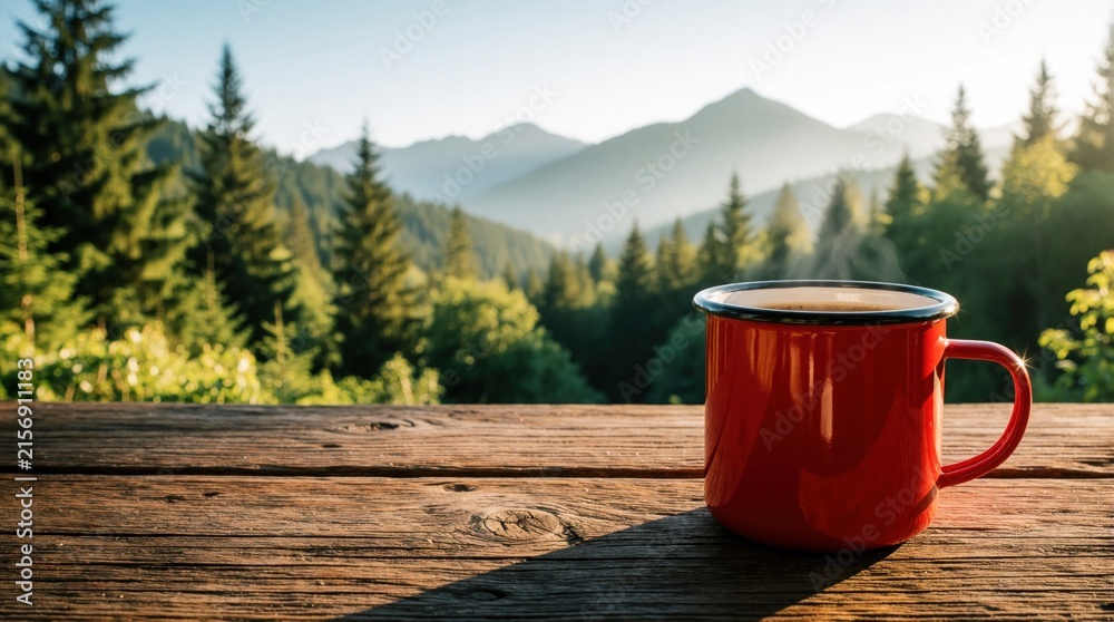 Fototapeta premium Red enamel mug with hot coffee sits on a rustic wooden table with a scenic mountain forest landscape view in the background. Peaceful morning breakfast outdoors.
