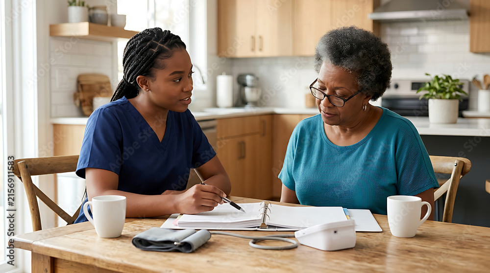 Fototapeta premium Home health nurse reviewing medical records with an elderly woman at a kitchen table.