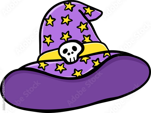 Purple Witch Hat with Skull Decoration and Stars. Cute Cartoon Halloween Hand Drawn Doodle