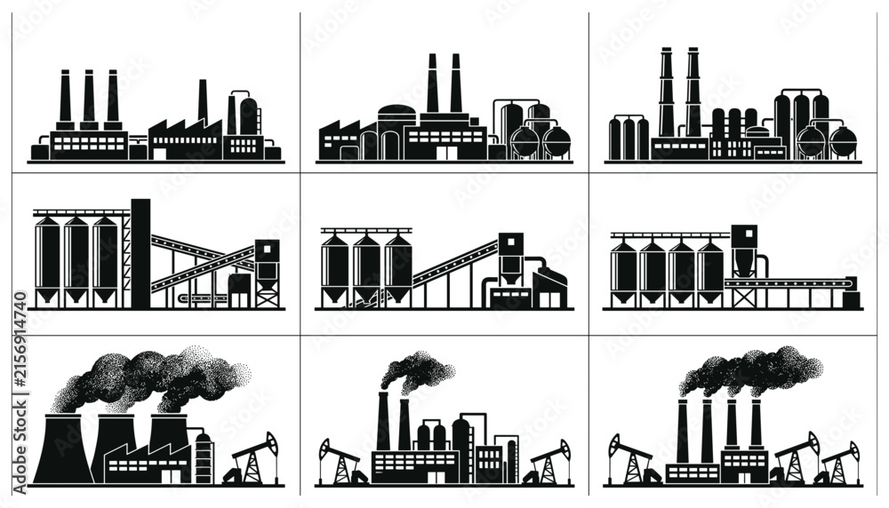 Fototapeta premium Industrial factory plant icon set with smoking chimneys silos oil pumps and manufacturing warehouse silhouettes vector