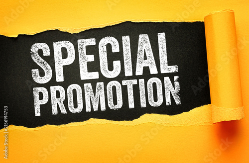 Special Promotion text displayed on bold torn paper background. Symbol for sales, discount, marketing, retail campaign, and business offer