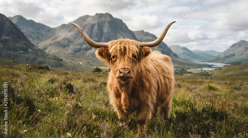 Highland cow with long horns standing in lush green meadow near mountains and lake