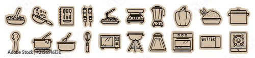 kitchen cooking utensils scrapbook collage, culinary equipment set, recipe food prep elements, kitchenware cookware icon collection, cutout craft paper sticker