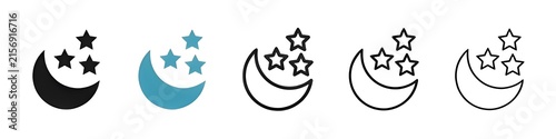 Moon stars icon suite. Night-time moon and stars icon for serene UI designs. Thin line customizable illustration. Contour symbol. Vector isolated outline drawing. Editable stroke