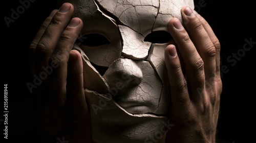 Cracked porcelain mask falling apart in human hands, symbolizing hidden identity, emotional instability and inner psychological struggle