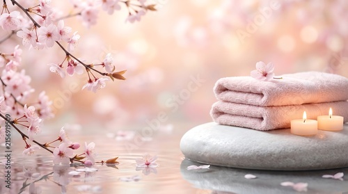 Spa concept with pink cherry blossoms, folded towels, and candles on a stone