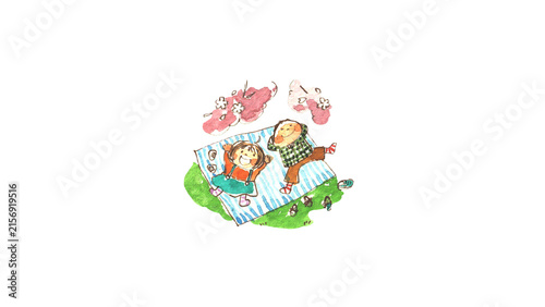 Fotografía お花見ピクニックでレジャーシートに寝転ぶ可愛い子供たちの手描き水彩イラスト（春・桜・おにぎり・背景透過）
Cute children lying on a pi