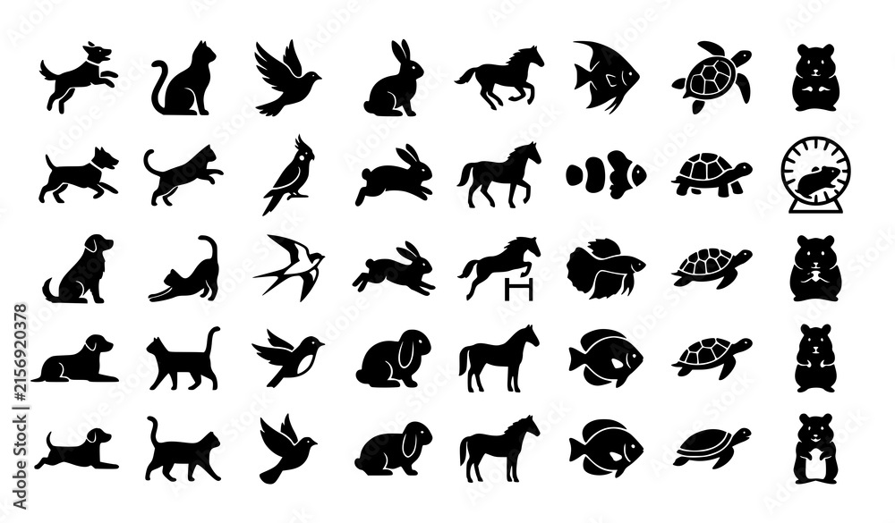 Fototapeta premium pets, animal, dog, puppy, cat, kitten, bird, rabbit, bunny, horse, fish, turtle, hamster, silhouette, icon, vector, filled, black, isolated, collection, domestic, wildlife, minimal, editable, branding