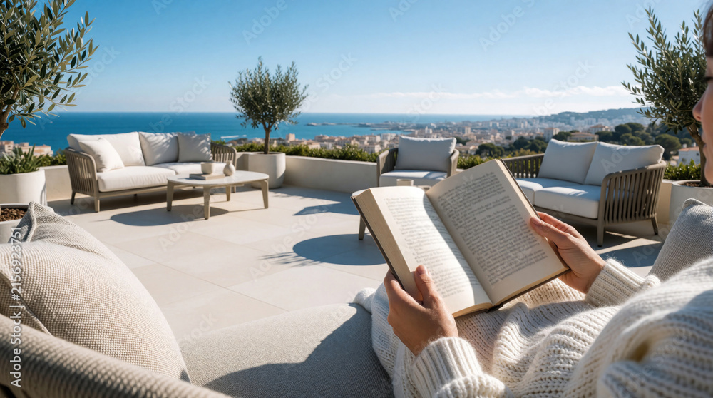 Fototapeta premium Woman reads book on sunny terrace with city sea view. Modern furniture creates calm space for weekend relaxation and escape. Peaceful balcony offers urban retreat.