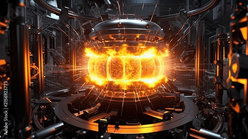 Futuristic Energy Reactor with Bright Flames and Sparks in Laboratory