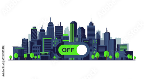 City Skyline Illustration with Green Energy Off Switch for Sustainability and Earth Hour Concept