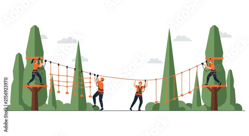 People in high ropes adventure park course illustration