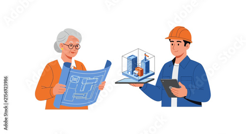 Senior Woman and Architect Reviewing 3D Building Model with Blueprints and Digital Tablet