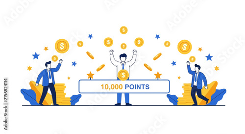 Business team celebrating 10,000 reward points milestone with falling gold coins and stars. Flat vector illustration of corporate success and loyalty program achievement.