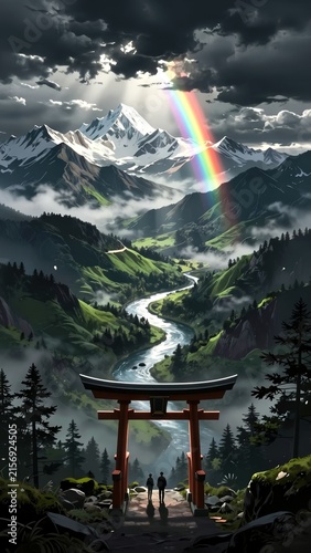 Serene Landscape with Rainbow Over Mountains and River Under Dramatic Cloudy Sky
