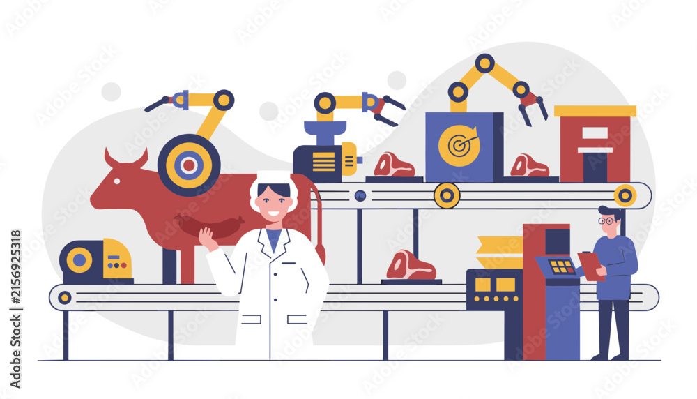 Fototapeta premium Automated modern meat processing plant utilizes robotic arms and conveyor belts to package fresh beef slices safely.