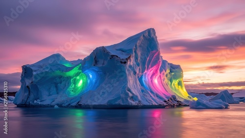 Stunning Iceberg with Colorful Lights under Dramatic Sunset Sky in Calm Water