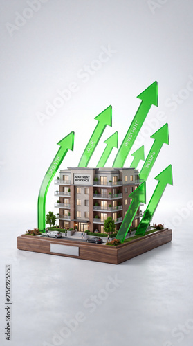 3D model of a modern apartment building with upward green arrows symbolizing growth and investment