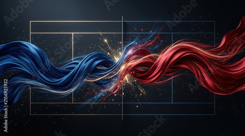 Abstract Swirling Red and Blue Fabric Ribbons Colliding with Sparks on a Dark Background image photo