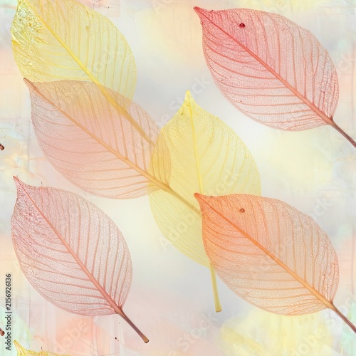 Transparent skeletal leaf pattern with soft pastel yellow and peach tones on light background