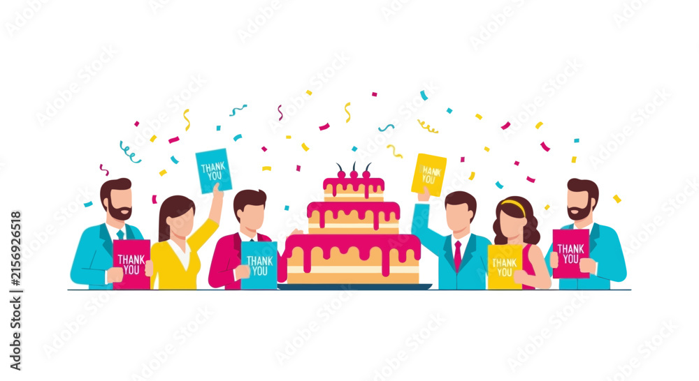 Fototapeta premium Corporate Team Celebrating Anniversary with Giant Cake and Thank You Signs