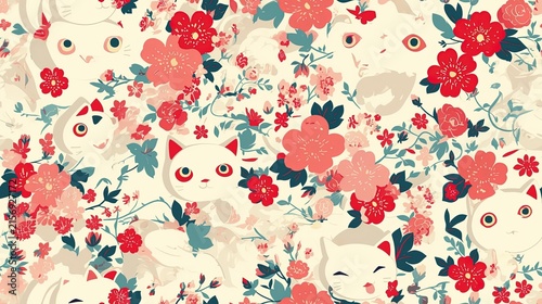 Cute Cat Faces Surrounded by Floral Designs in Bright Colors